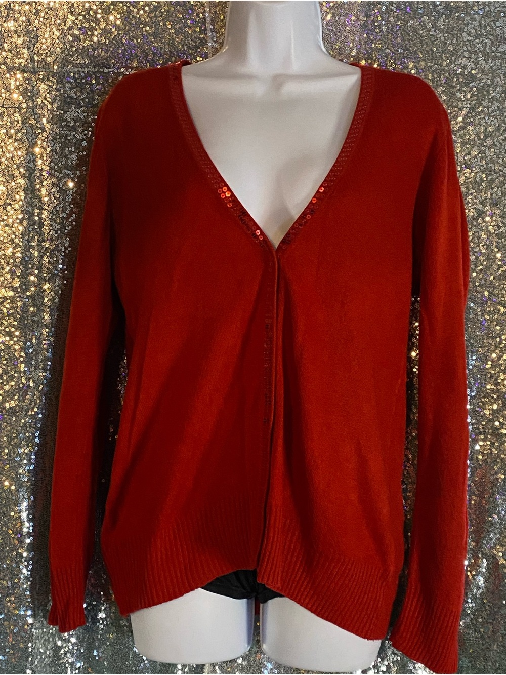 ✨♥️ Laura Scott Red V-Neck Cardigan with Red Sequin accent